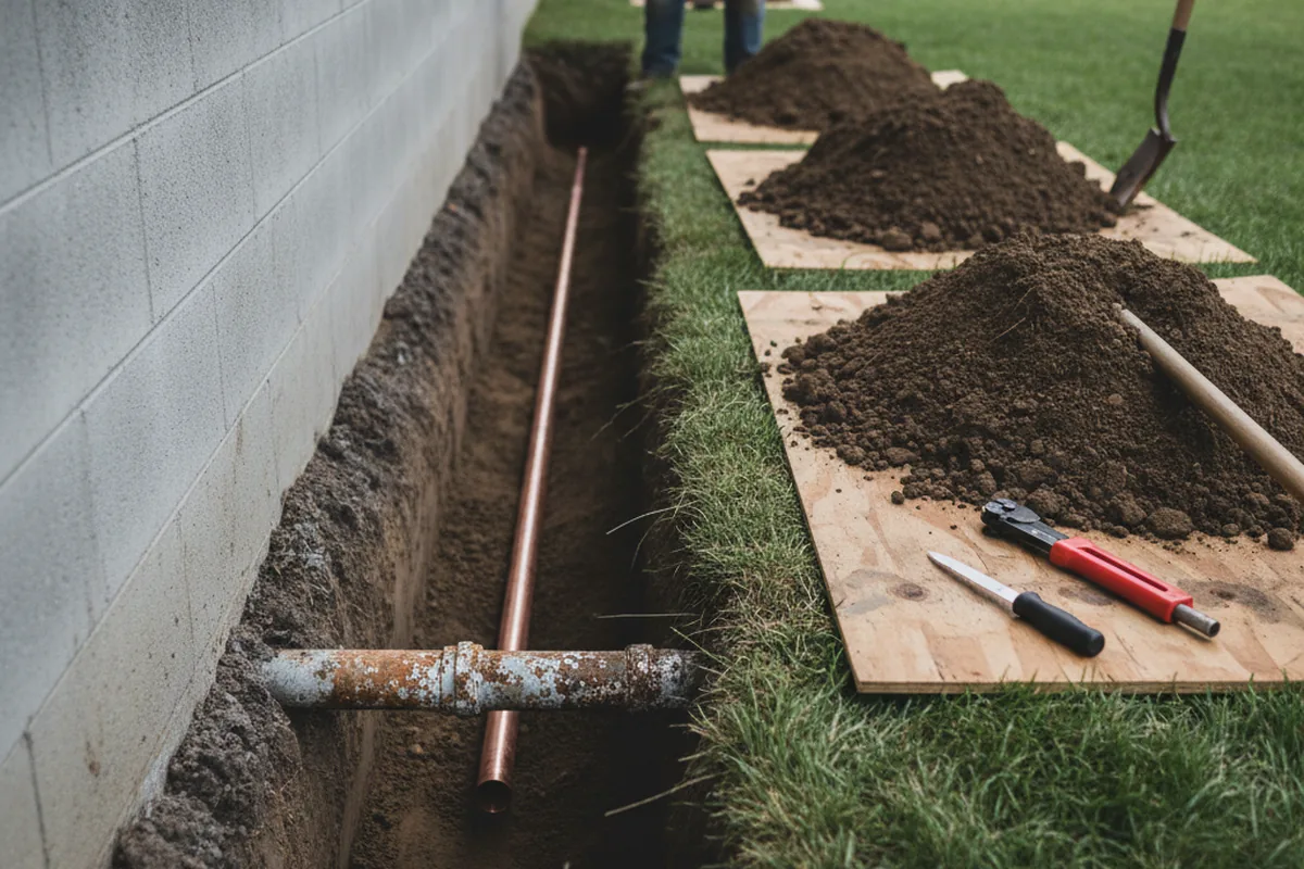 Excavated water line trench during Water Softener Installation in Cumberland
